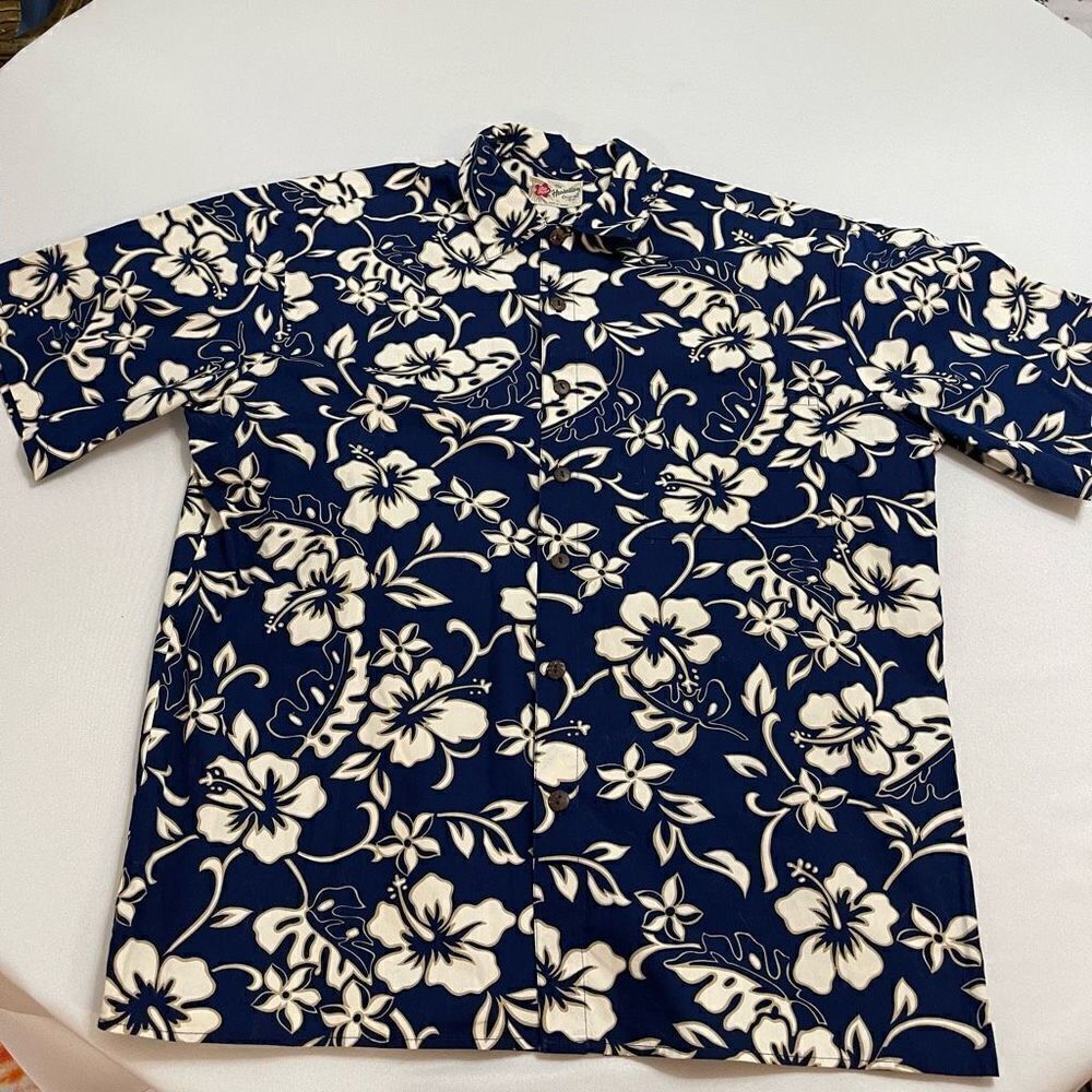 Hilo Hattie Navy Blue White Hibiscus VTG Floral Button Up Shirt Size XL